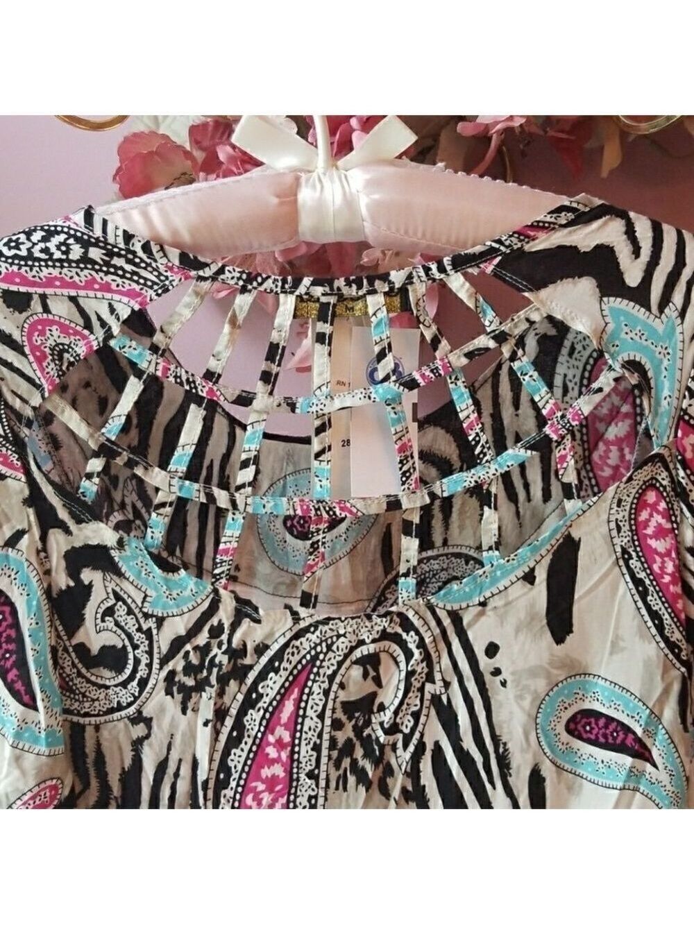 𝅺New Watercolor Paisley Tribal Ladies Blouse By OVBOILI  NWT Beaded Neckline - Picture 6 of 10